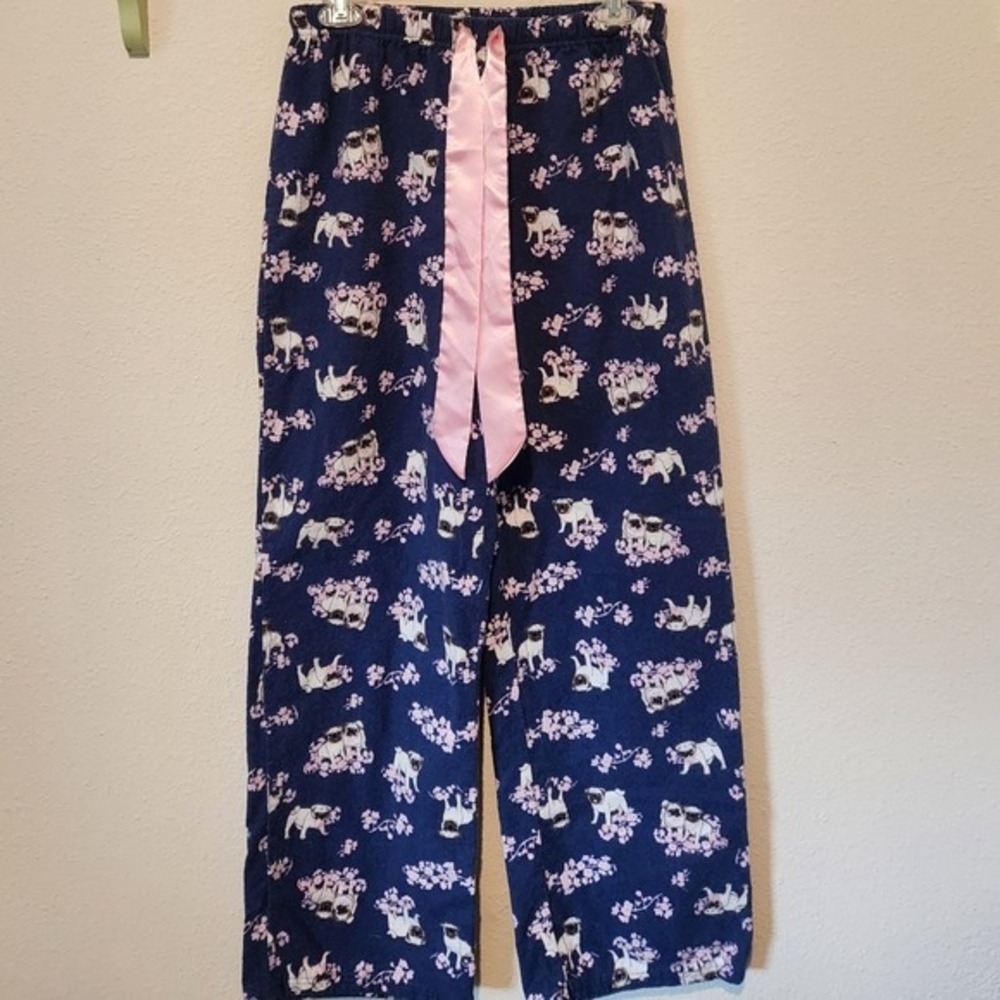 Kay Anna Cotton Flannel‎ Purple Pajama Pants Pug Dogs Satin Pink Drawstring Med